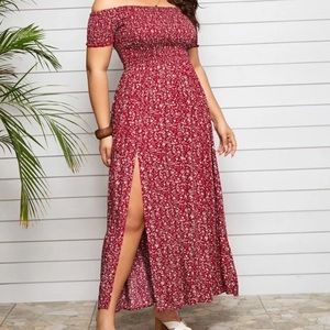 shirred bodice, off the shoulder maxi with split